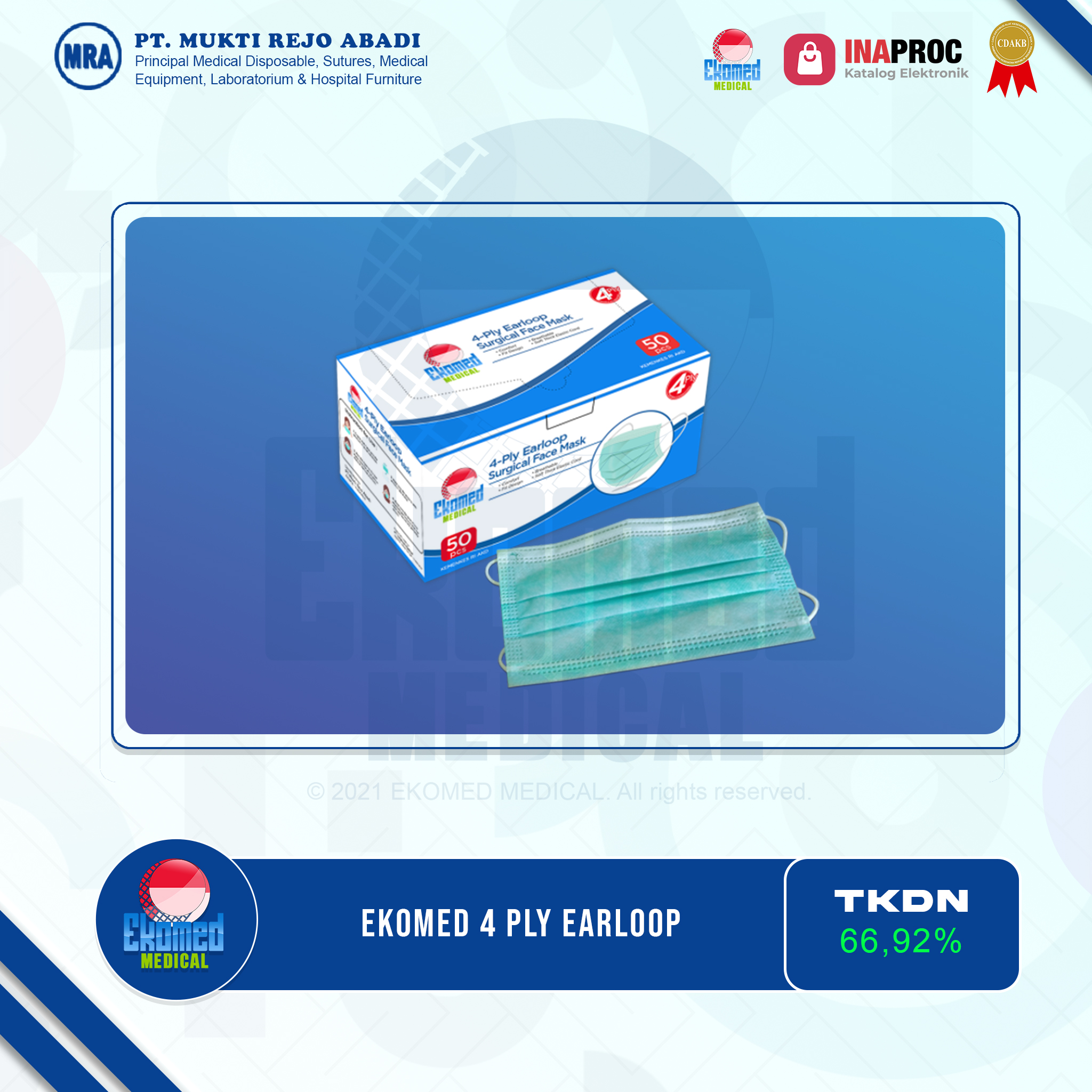 EKOMED 4 Ply Earloop Surgical Face Mask